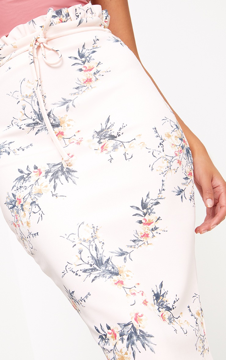 Light Pink Floral Print Paperbag Waist Midi Skirt PrettyLittleThing USA
