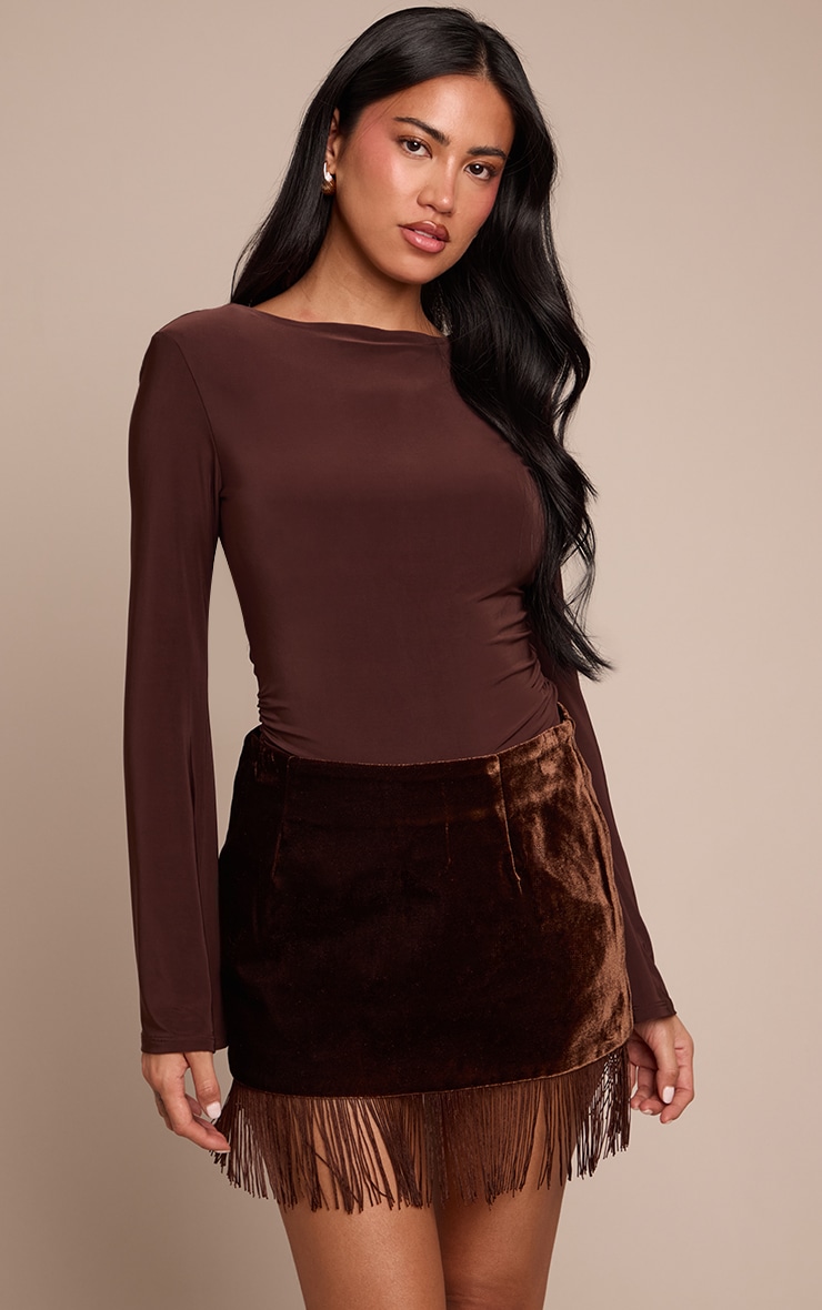 Chocolate Velvet Fringe Trim Mini Skirt  image 1