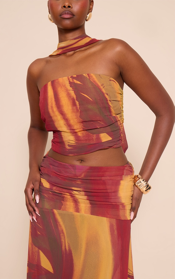 Multi Abstract Printed Chiffon Scarf Detail Ruched Bandeau Top