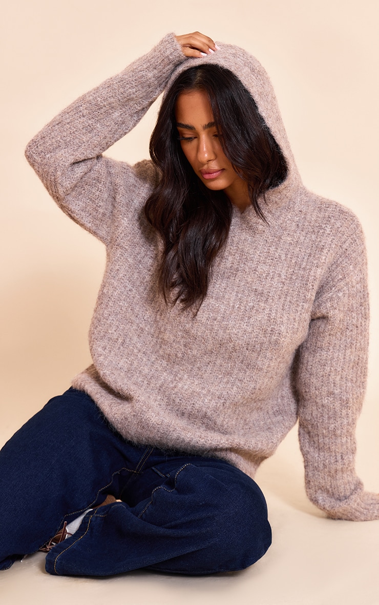 Petite Hoodie en maille tricot côtelée taupe image 4