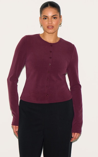 Plus Burgundy Modal Button Detail Long Sleeve Top