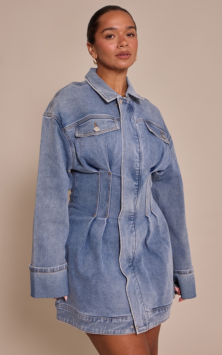 Shape Mid Blue Wash Stretch Denim Cinched Waist Mini Dress image 1