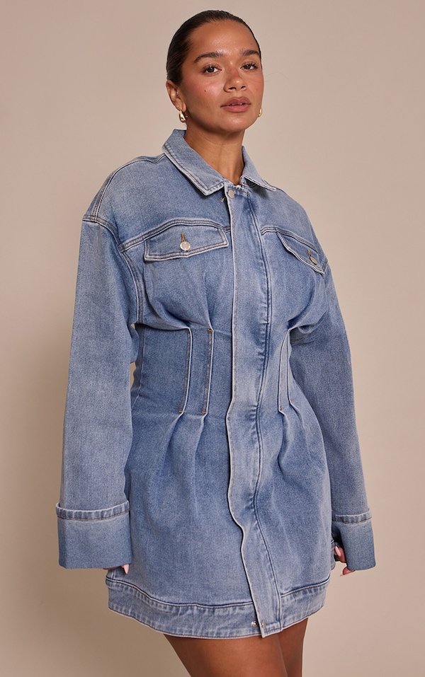 Shape Mid Blue Wash Stretch Denim Cinched Waist Mini Dress