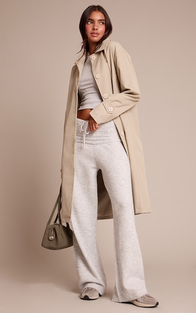 Pantalon en maille tricot douce côtelée gris clair à taille repliée