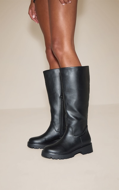 Black Chunky Cleated Sole Knee Boot