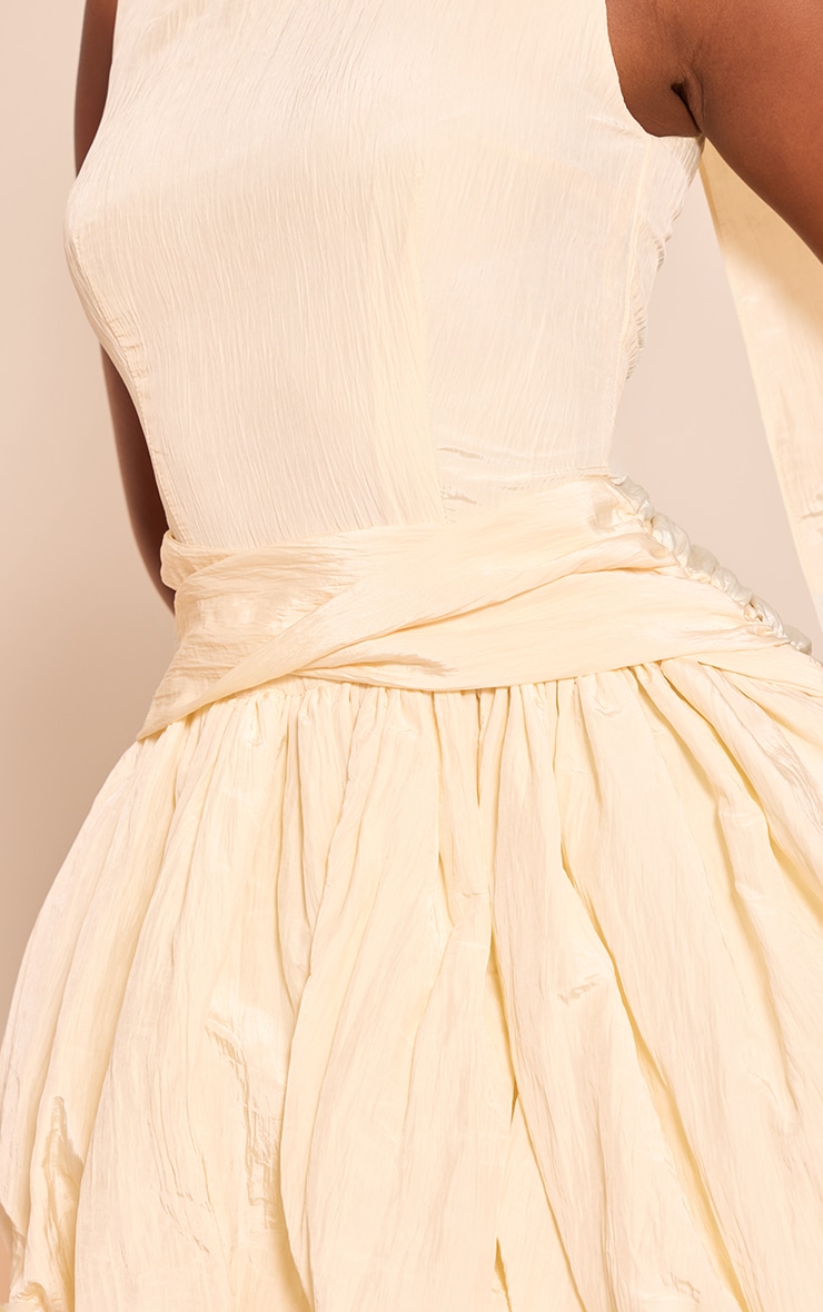 Cream Textured Wrap Draped Mini Puff Ball Dress image 4