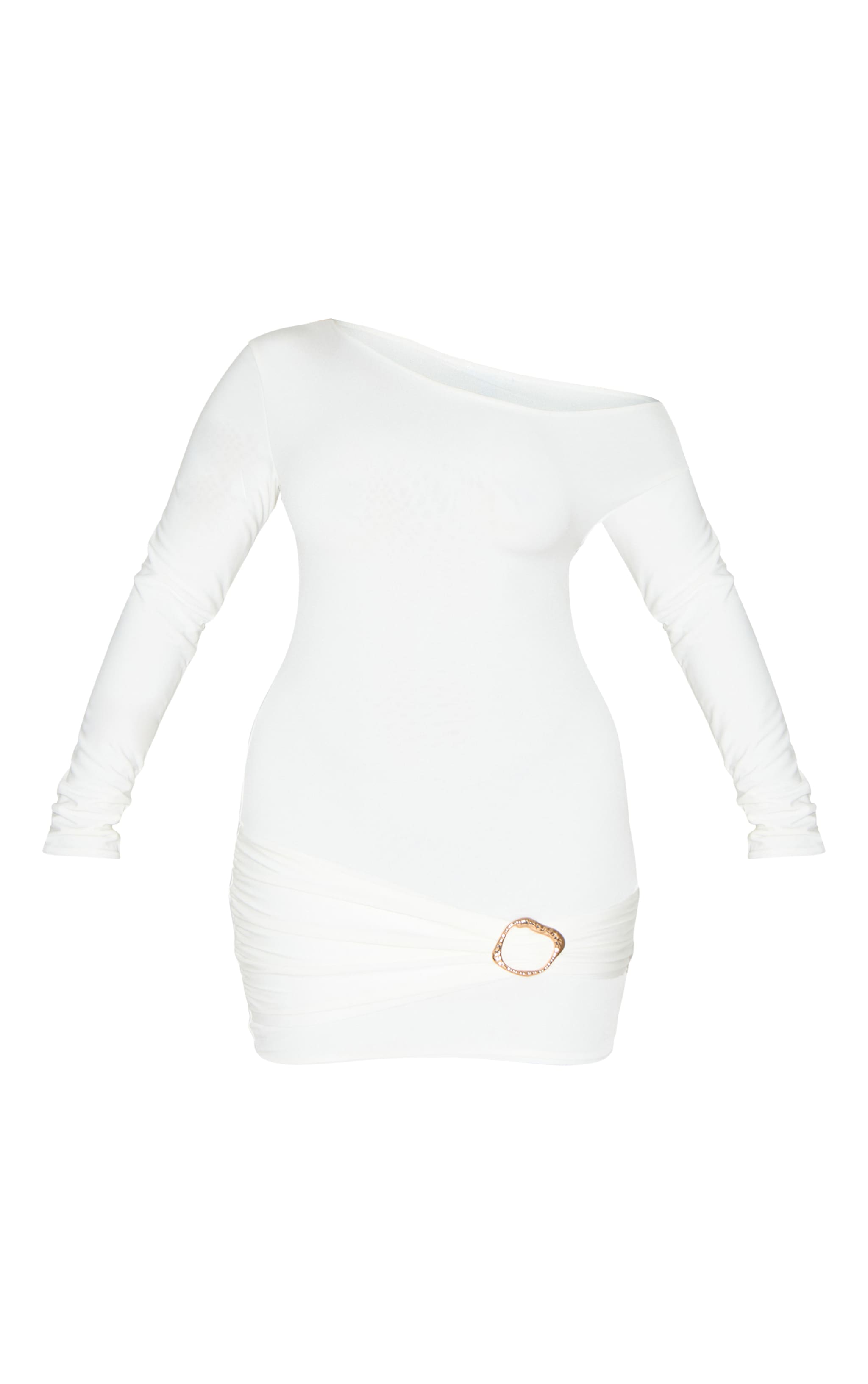 Shape White Off Shoulder Long Sleeve Gold Trim Mini Dress image 5