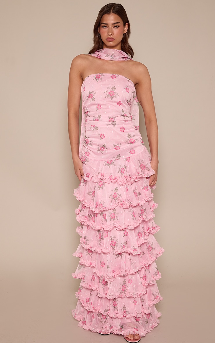 Pink Floral Chiffon Ditsy Floral Print Tiered Frill Maxi Dress