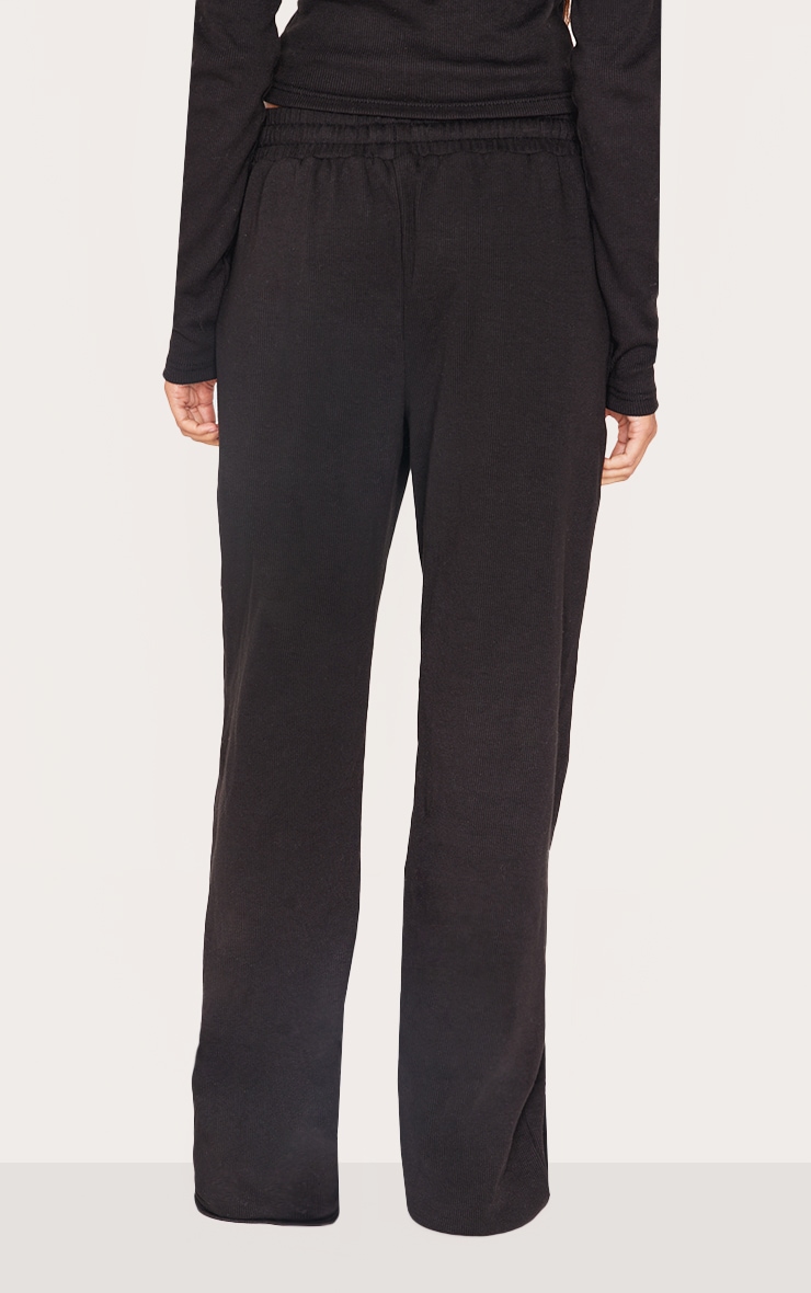 Black Ribbed Low Rise Wide Leg Pants image 3