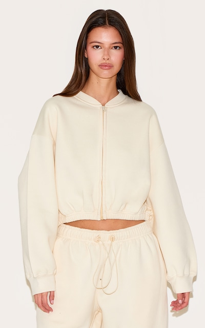 Cream Drawcord Waist Cropped Zip Up Sweatshirt