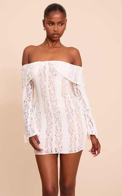 Cream Lace Bardot Long Sleeve Mini Dress
