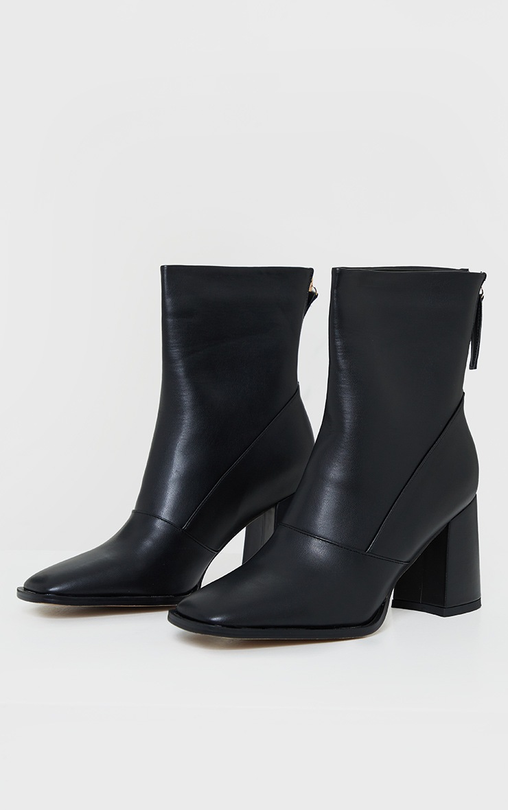 Black Square Toe Panel Flare Heel Ankle Boot PrettyLittleThing IE