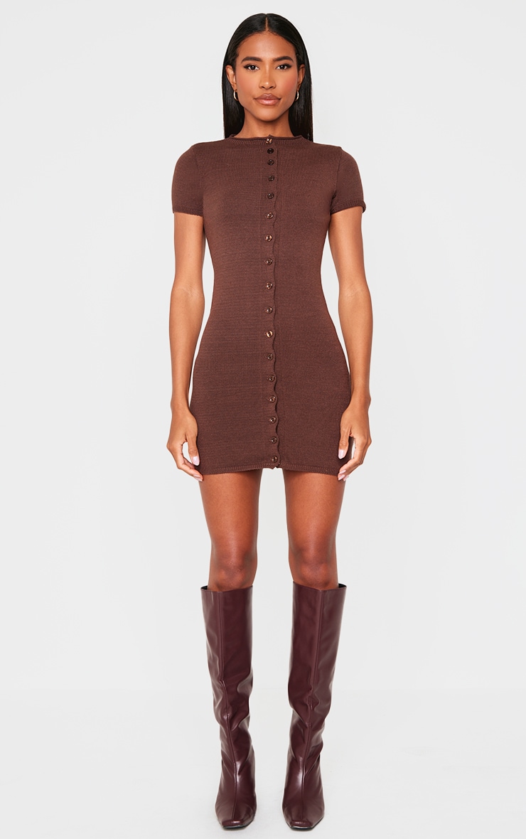 Chocolate Soft Knit Button Through Mini Dress image 1