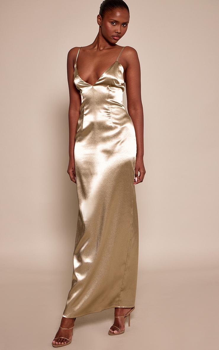 Gold Plunge Strappy Satin Maxi Dress image 3
