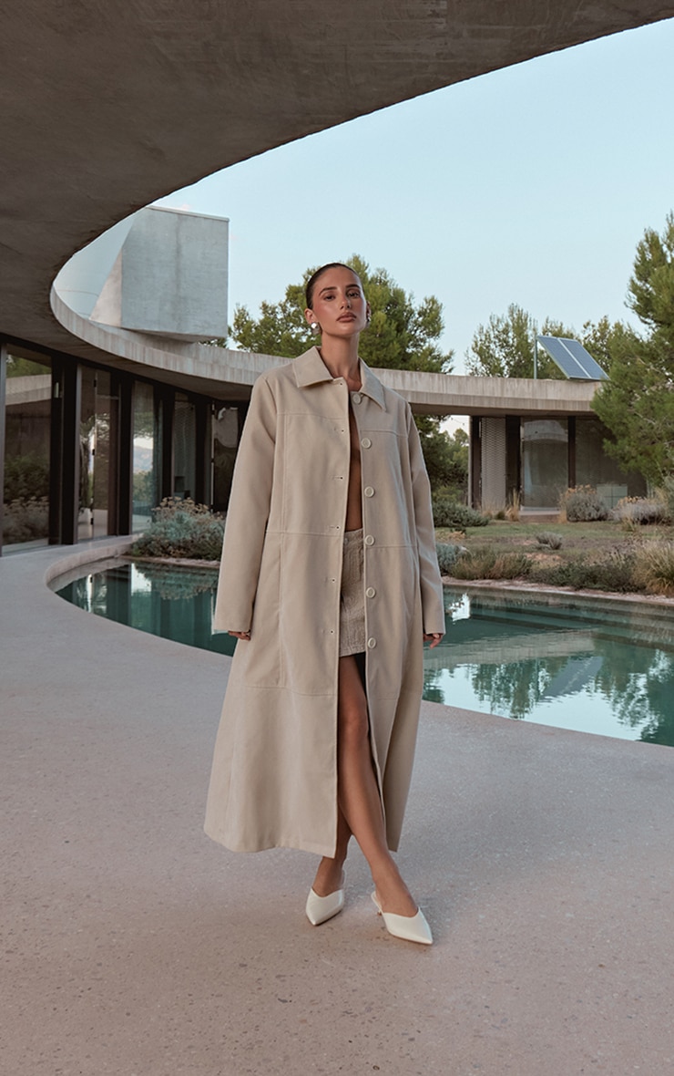 Ecru Suede Longline Button Coat image 2
