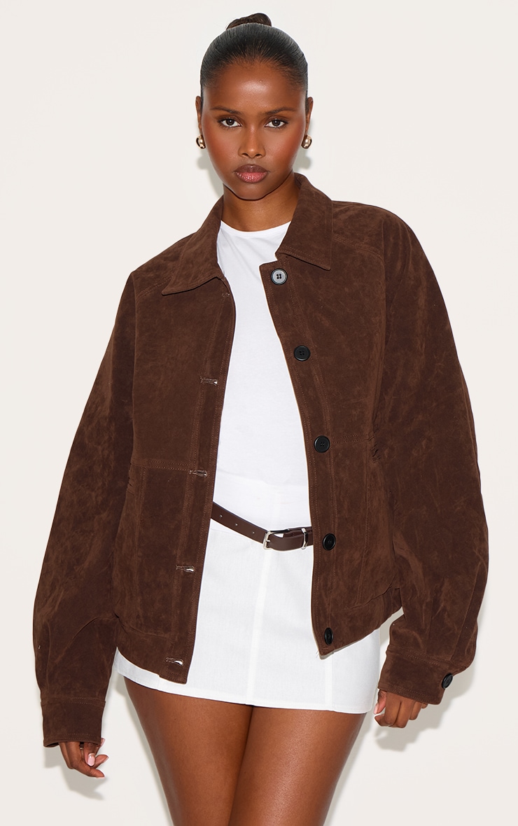 Dark Brown Oversized Faux Suede Jacket image 1