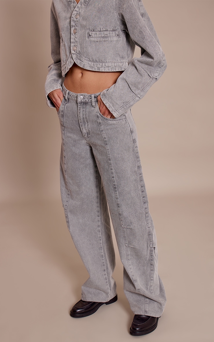 Grey Mid Rise Seam Detail Barrel Jeans image 2