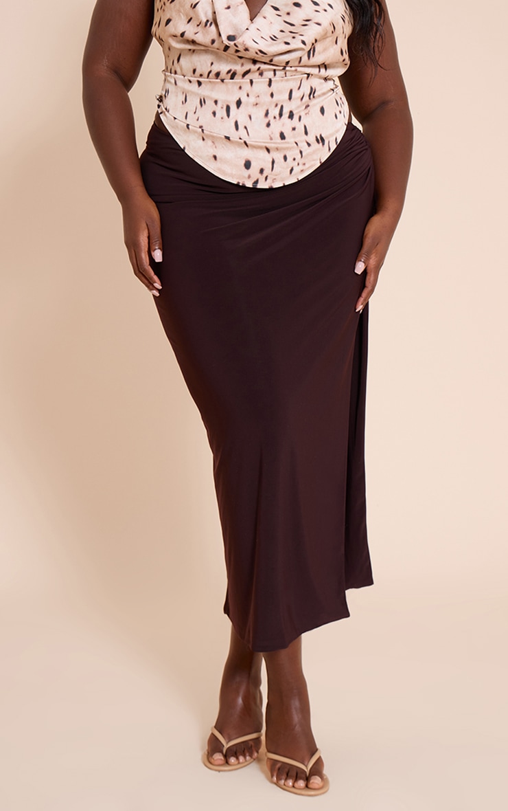 Plus Chocolate Stretch Chiffon Trim Detail Maxi Skirt image 2