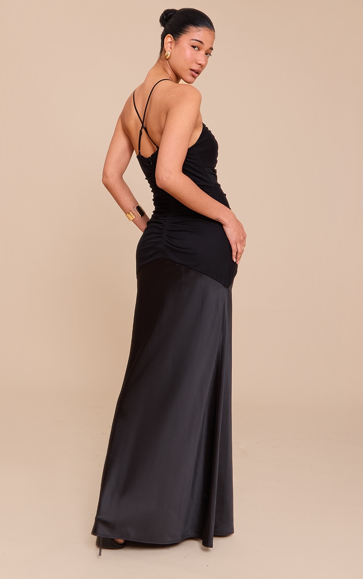 Black Ruched Detail Satin Maxi Slip Dress image 2