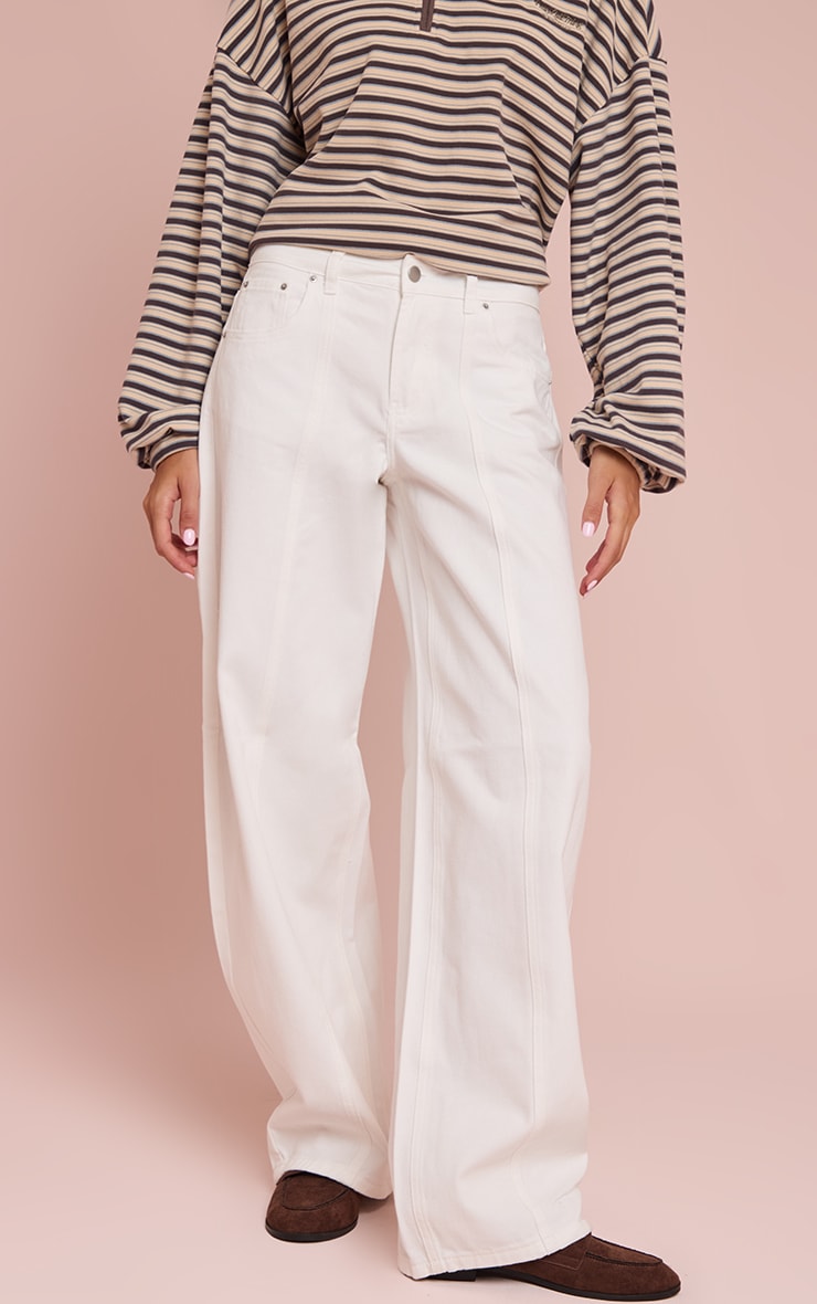 White Low Rise Seam Detail Barrel Jean