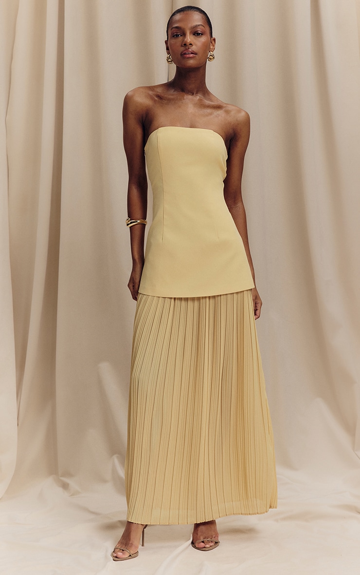 Robe bustier longue jaune citron à partie en mousseline de soie plissée image 3