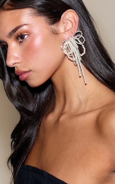 Silver Diamante Pearl Bow Statement Earrings