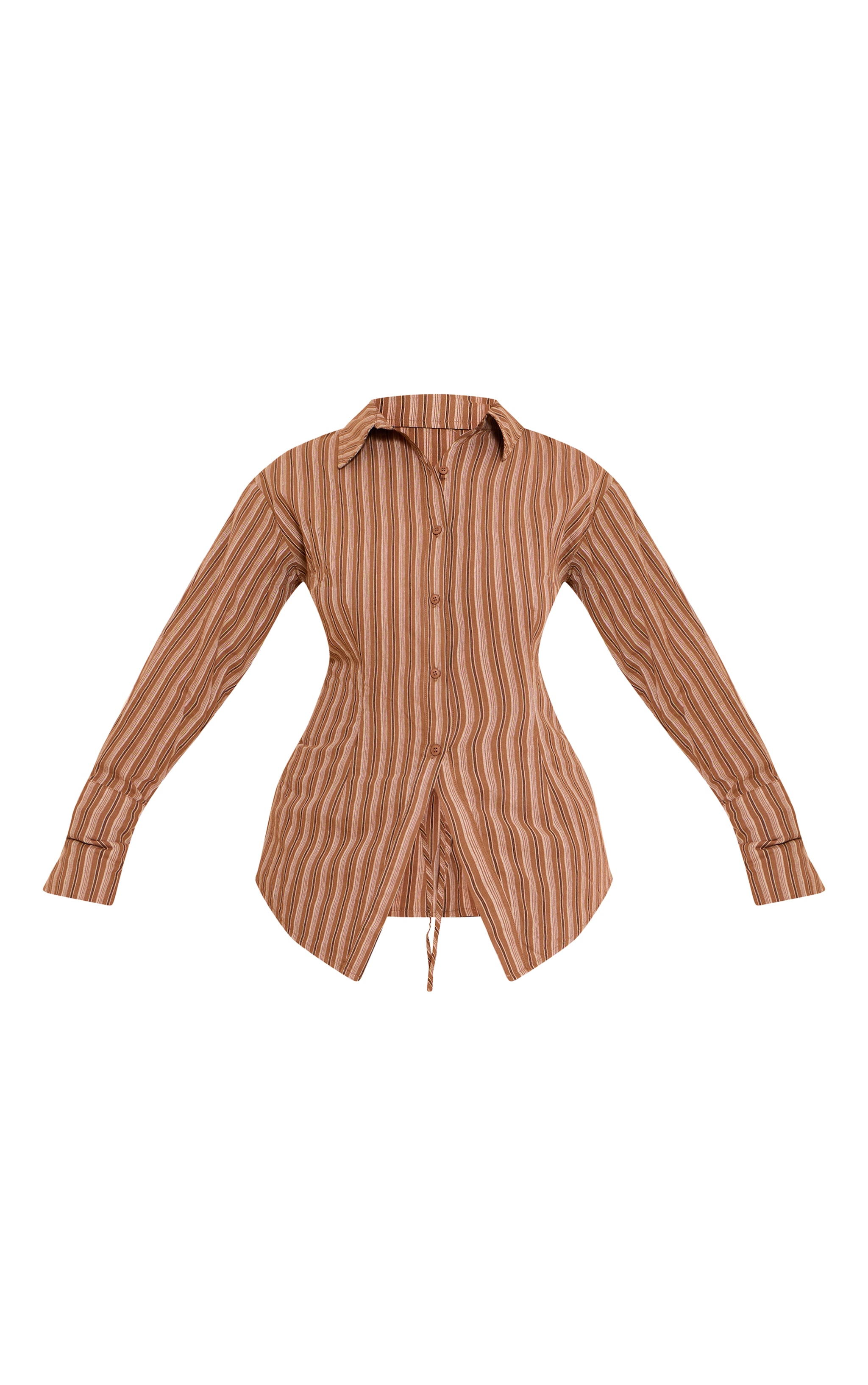 Shape BROWN Striped Lace Up Cinched Back Button Front Shirt image 5