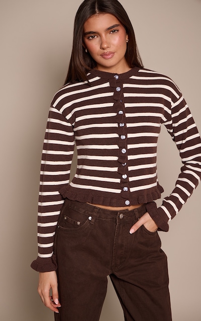 Chocolate Striped Frill Hem Knitted Cardigan