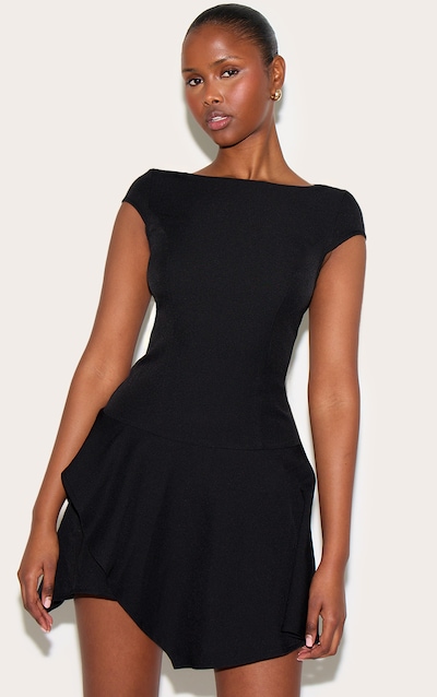 Black Woven Capped Sleeve Asymmetric Layered Shift Dress