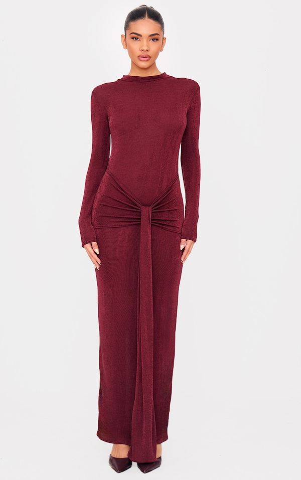 Burgundy Slinky Acetate Wrap Maxi Dress