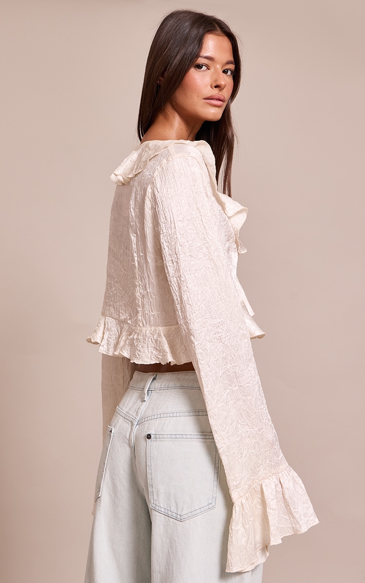 Cream Textured Satin Frill Detail  Tie Front Cropped Top image 2