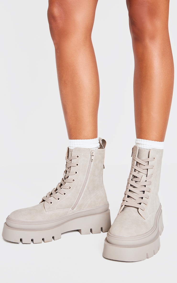 Beige Round Toe Chunky Sole Biker Boots image 2