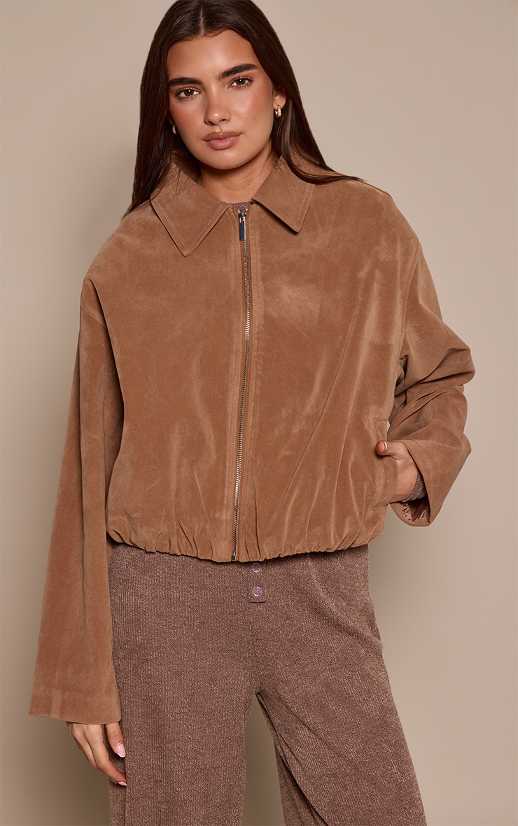 Tan Gathered Hem Zip Up Suede Jacket image 1