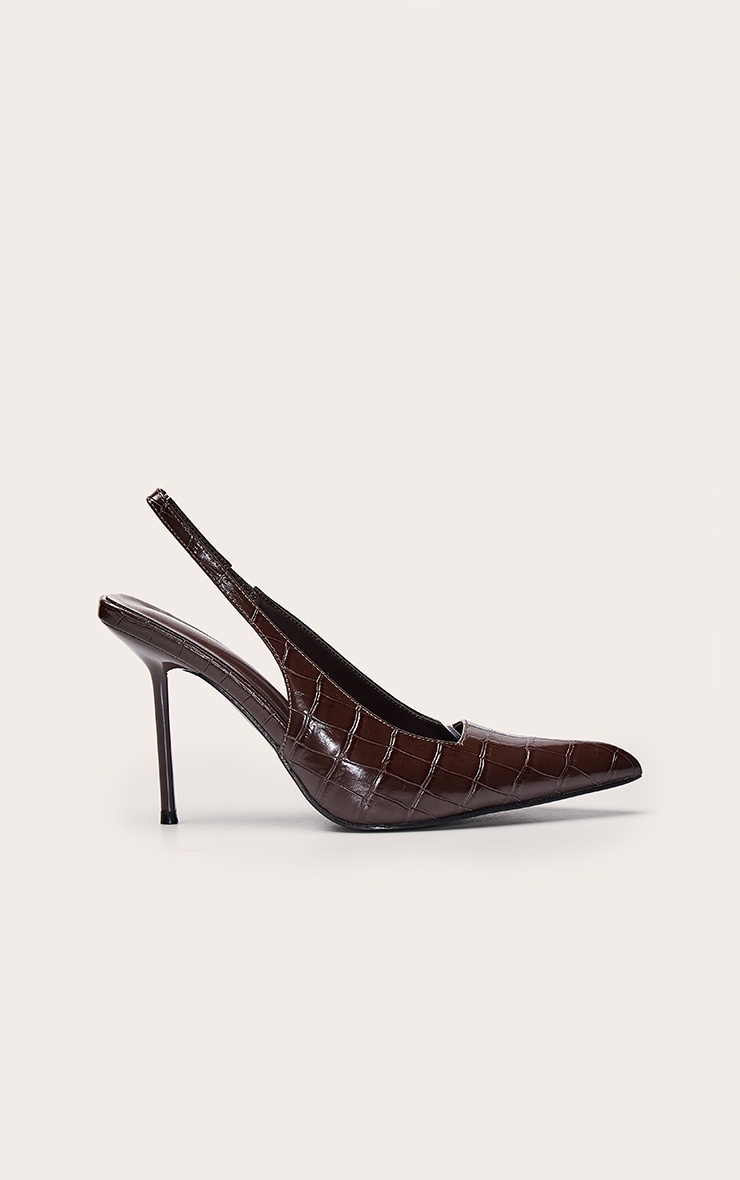 Chocolate Croc Heeled Sling Back Court Shoe image 2