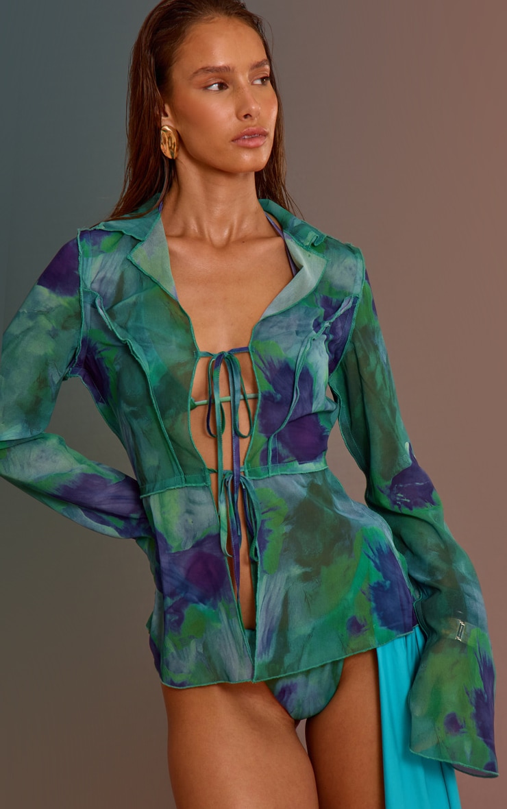 Emerald Green Ombre Print Long Sleeve Tie Front Beach Shirt image 1