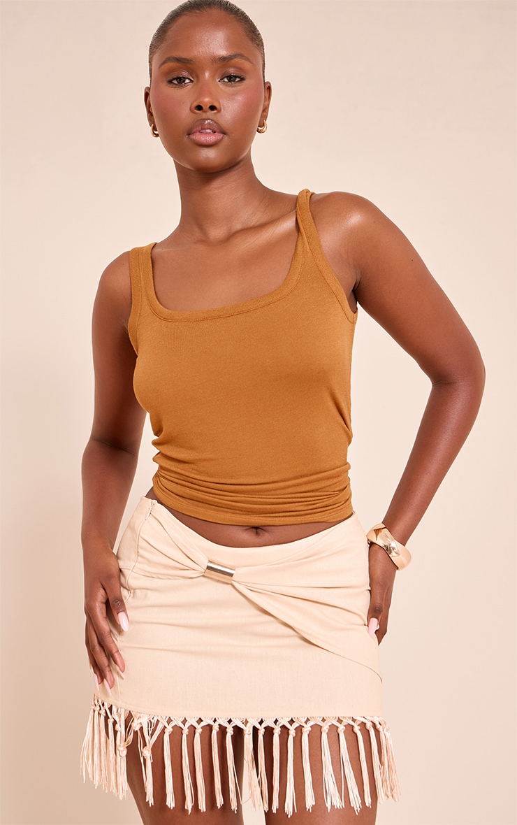 Beige Linen Gold Trim Tassle Hem Mini Skirt image 1