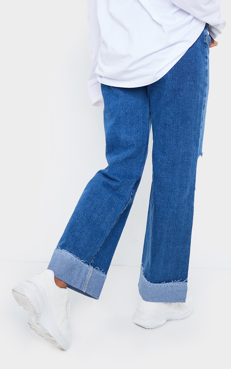 Mid Wash Open Knee Turnup Baggy Boyfriend Jeans PrettyLittleThing