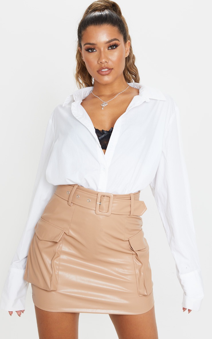 Camel Faux Leather Belted Cargo Pocket Mini Skirt