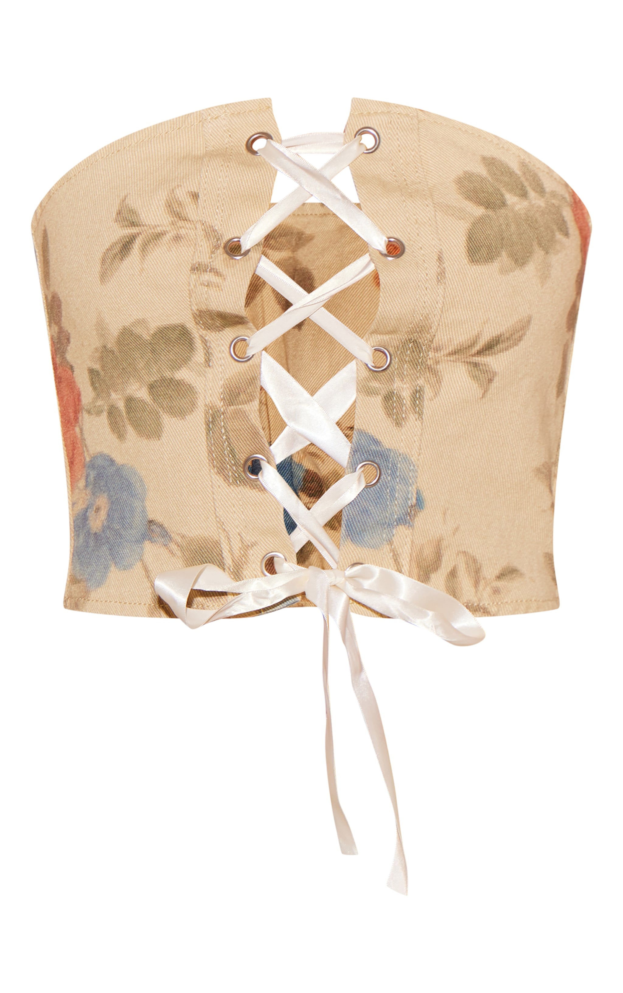 Stone Floral Denim Ribbon Detail Corset Top image 5