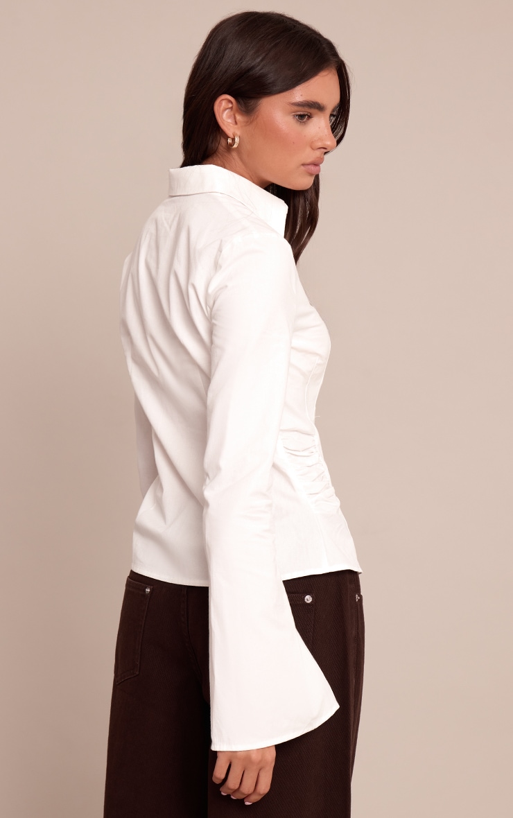 White Ruched Waist Detail Flared Sleeve Shirt image 2