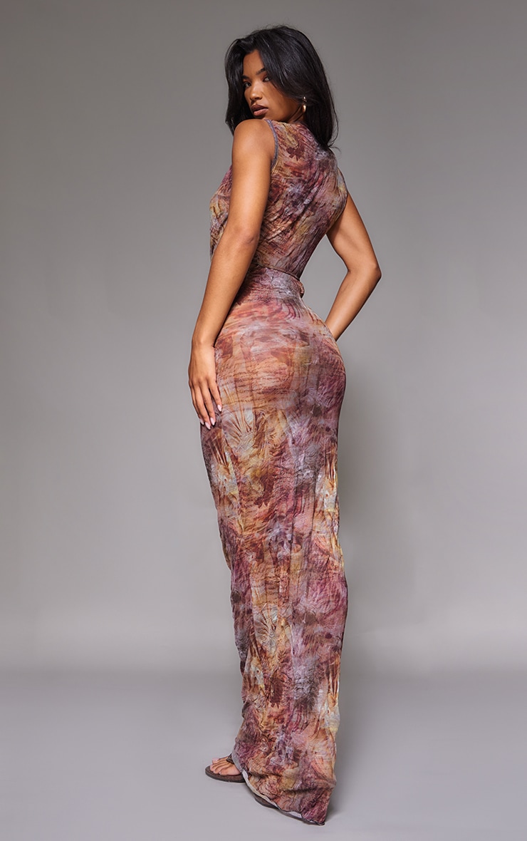 Dark Purple Crinkle Mesh Printed Cut Out Maxi Dress image 2