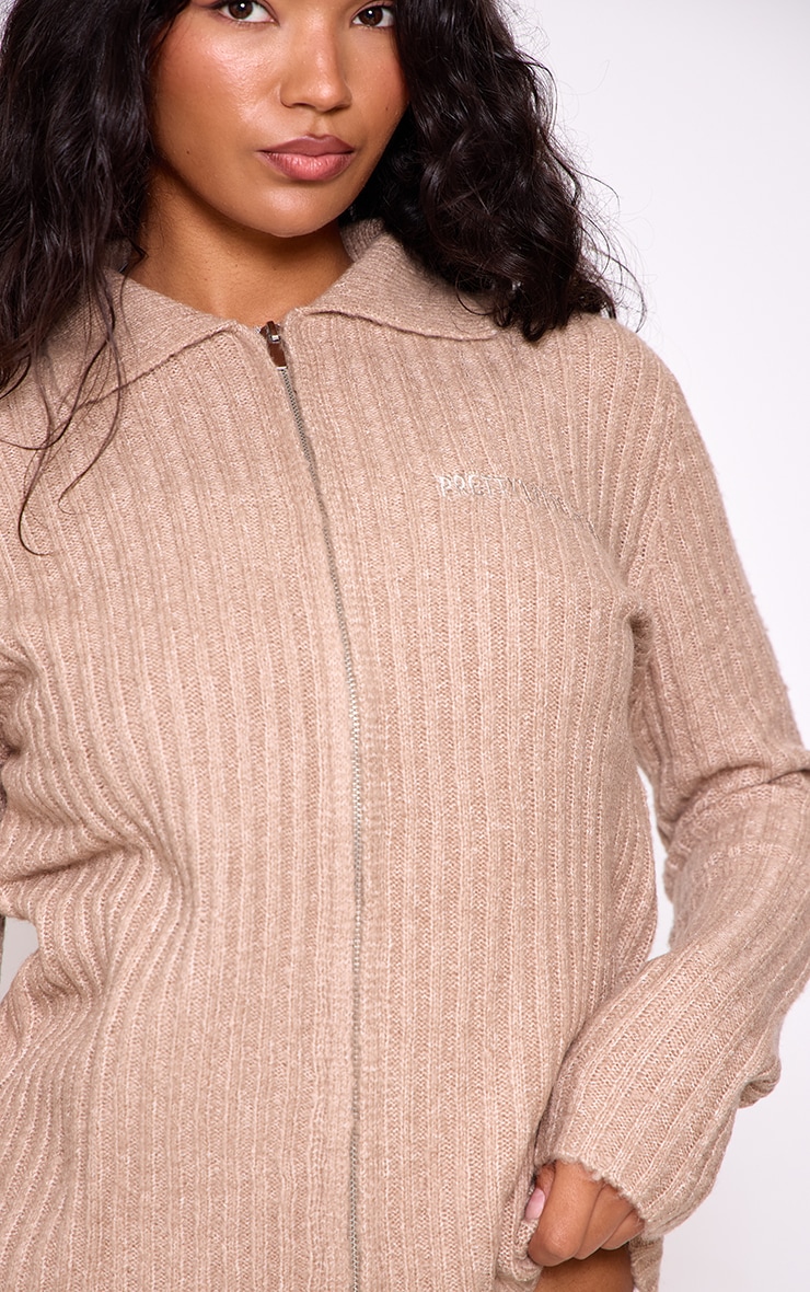 PLT Taupe Rib Knit Collar Detail Zip Up Cardigan Knitwear PrettyLittleThing