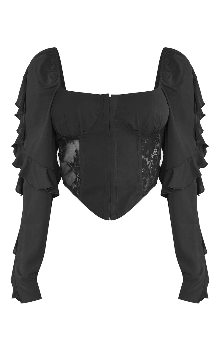 Black Chiffon Frill Sleeve Lace Insert Hook And Eye Corset image 5