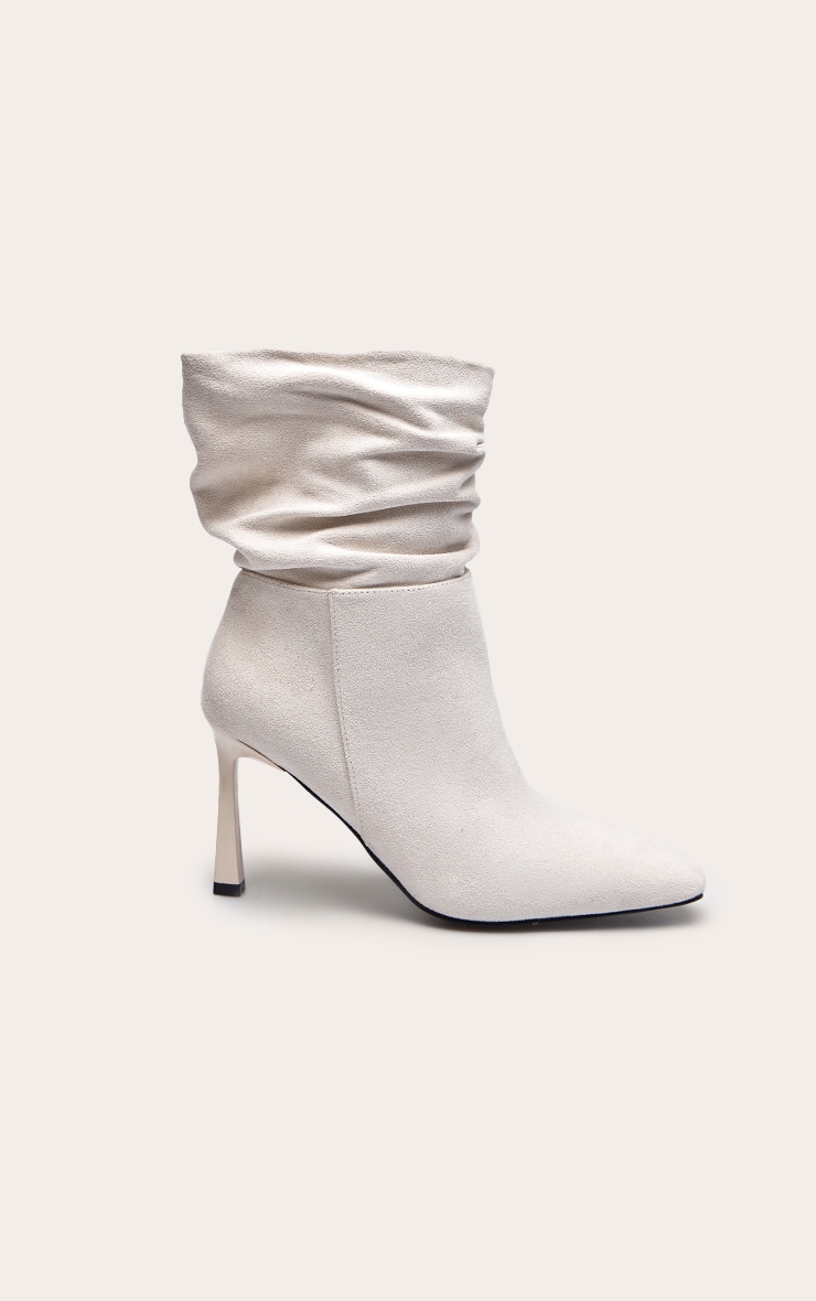 Cream Faux Suede Ruched Chiseled Toe Ankle Boots image 2