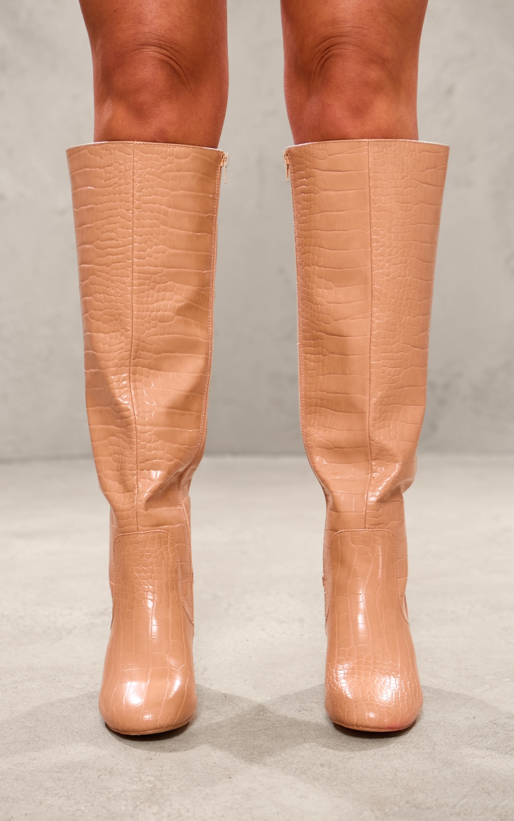 Nude Pu Croc Round Toe High Heeled Block Knee Boots image 3