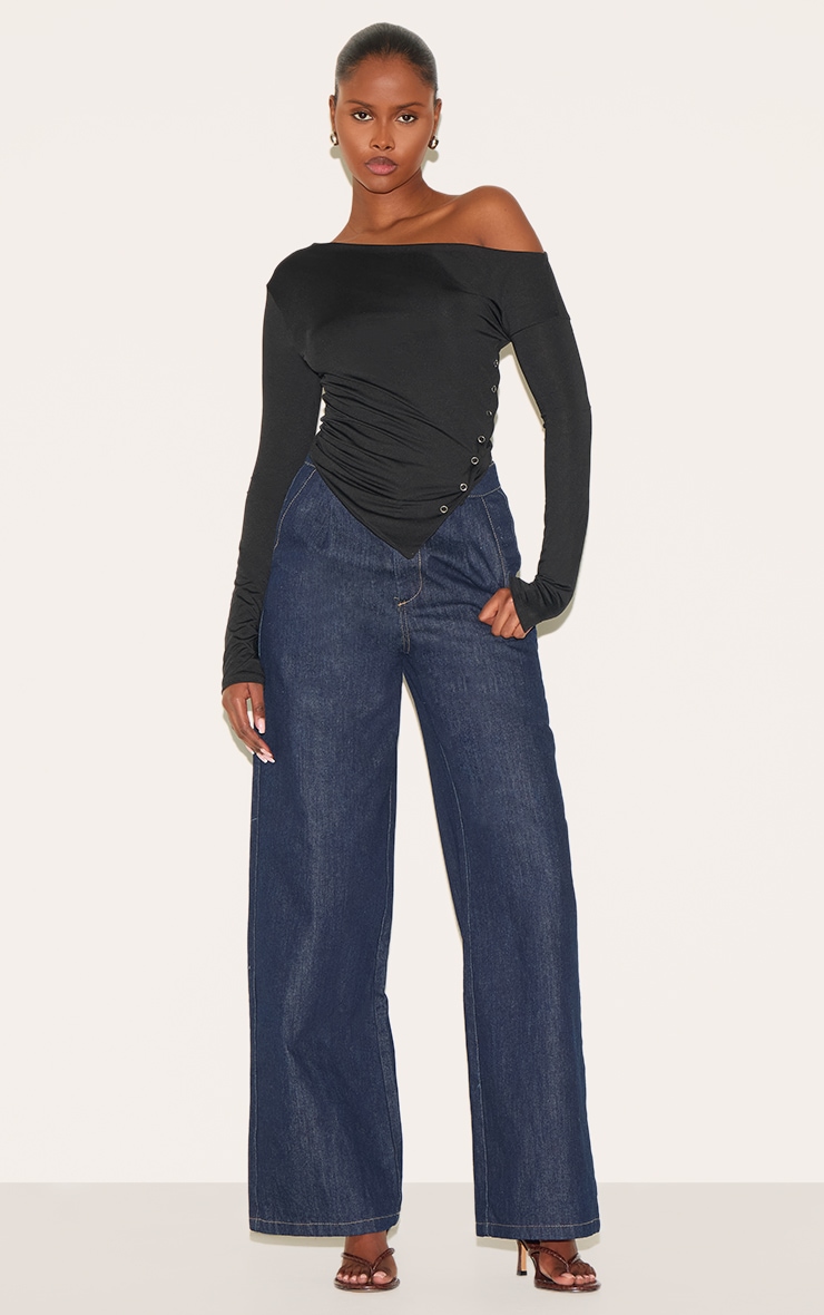 Black Slinky Asymmetric Neck Popper Detail Long Sleeve Top image 3