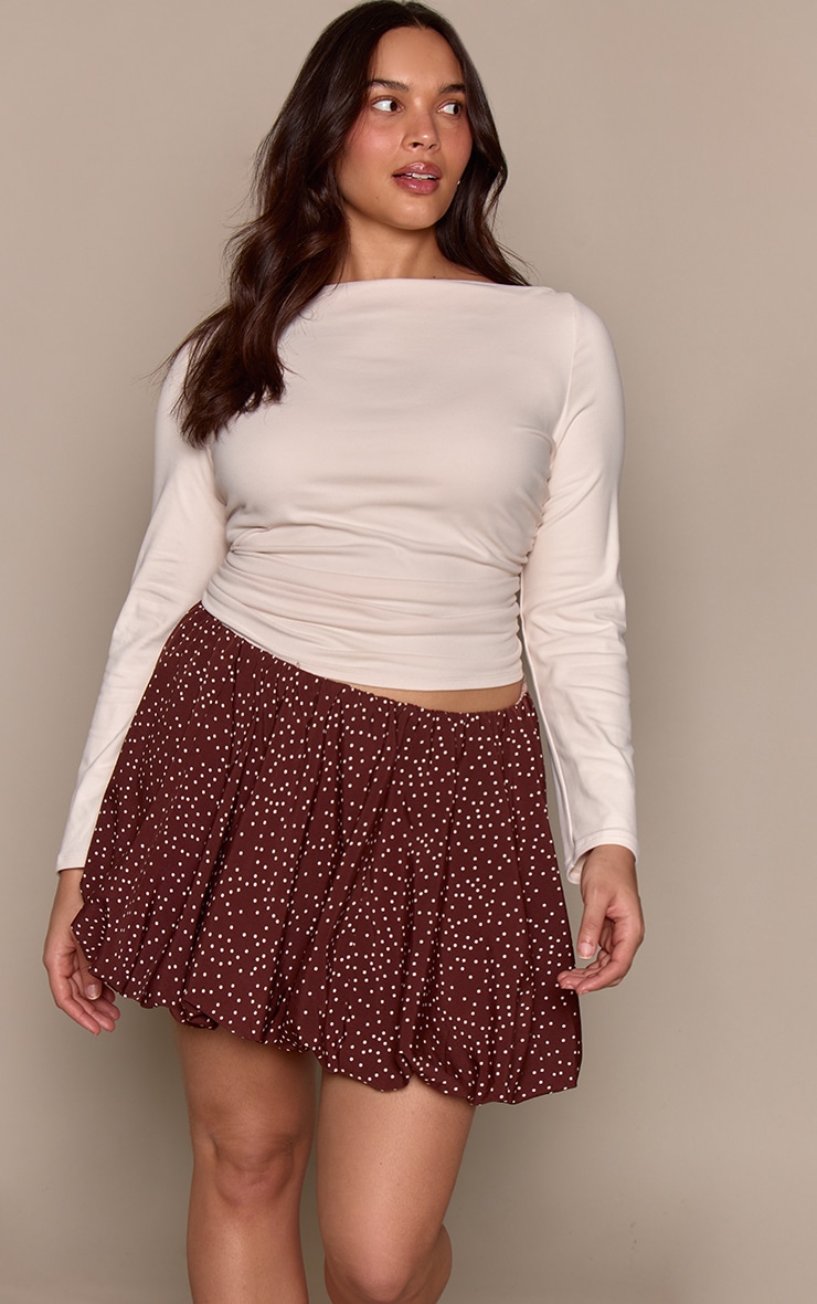 Plus Brown Polkadot Print Cotton Puffball Skirt image 2