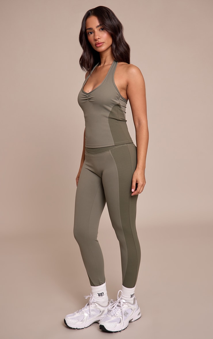 Petite Olive Sculpt Rib Panel Halterneck Gym Top image 3