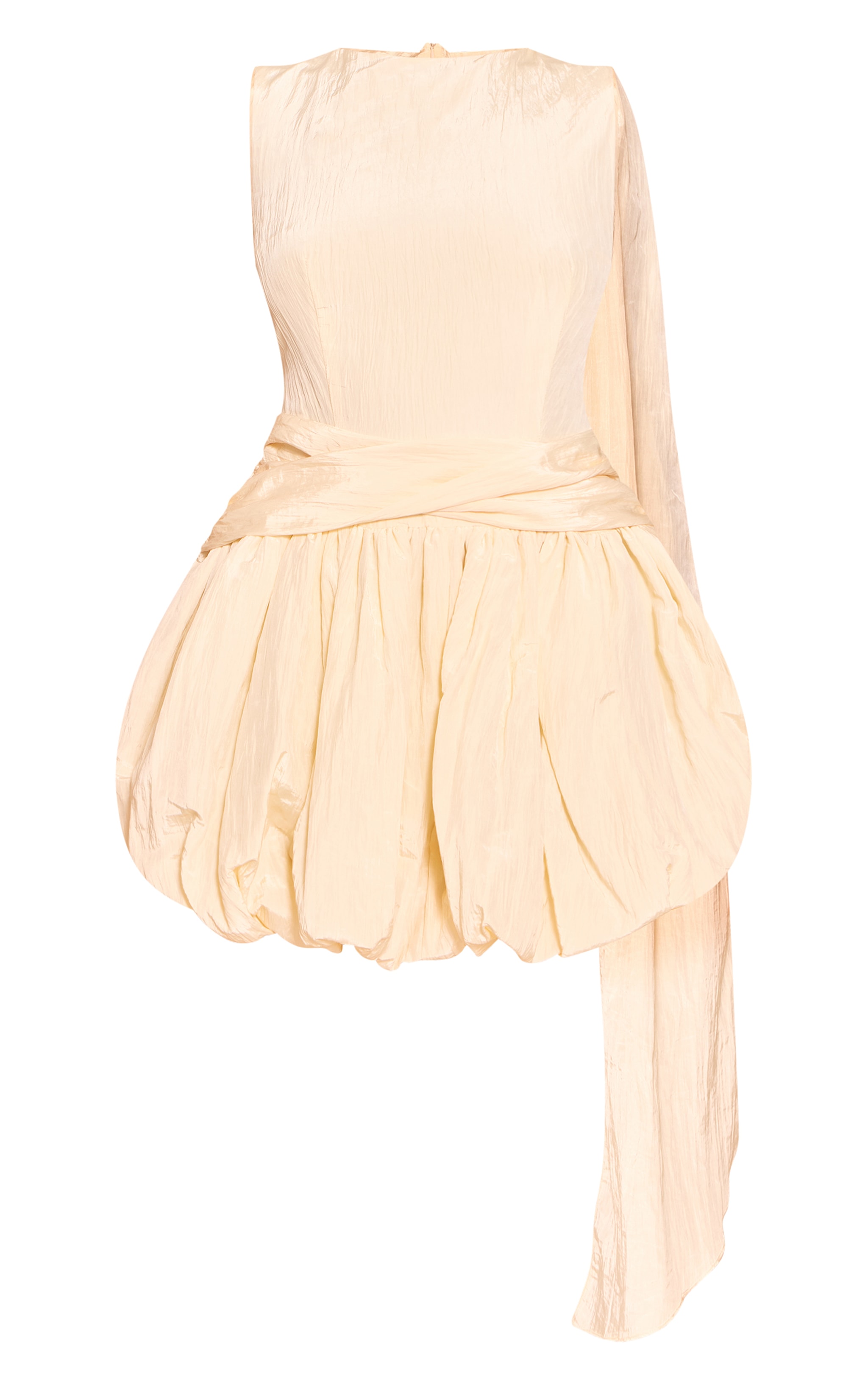 Cream Textured Wrap Draped Mini Puff Ball Dress image 5