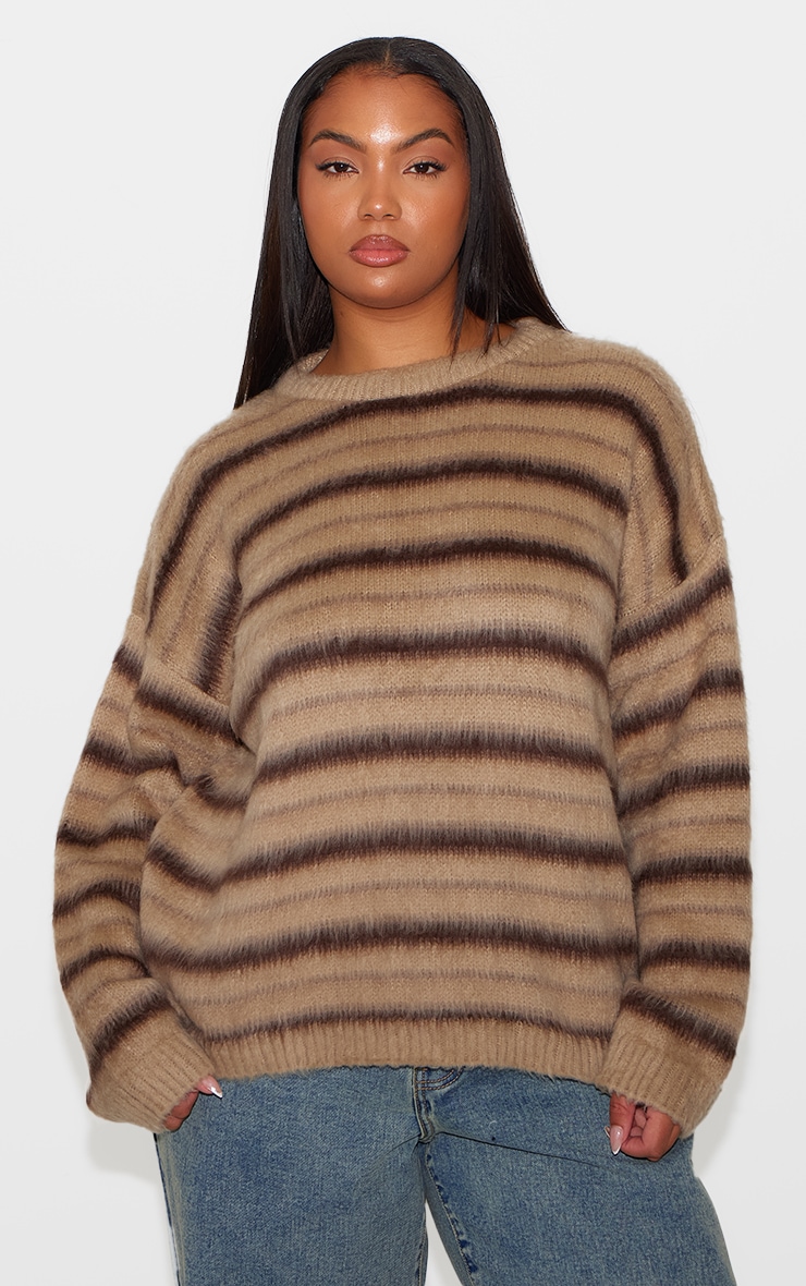 Plus Brown Stripe Fluffy Knit Oversized Jumper image 3